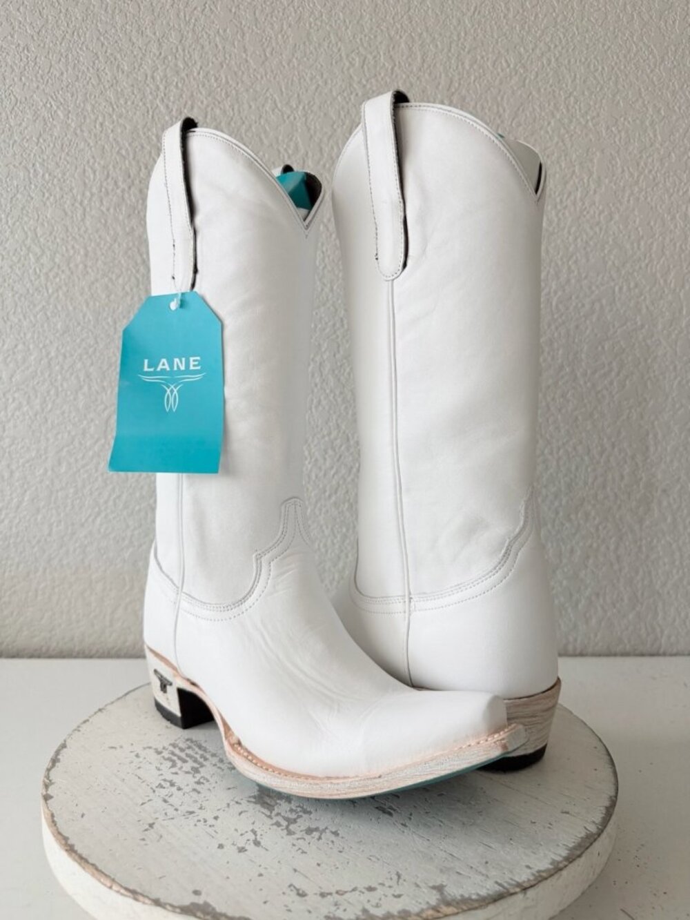 Lane EMMA JANE White Cowboy Boots Western Cowgirl Mid Calf Tall Snip Toe Sz 7.5